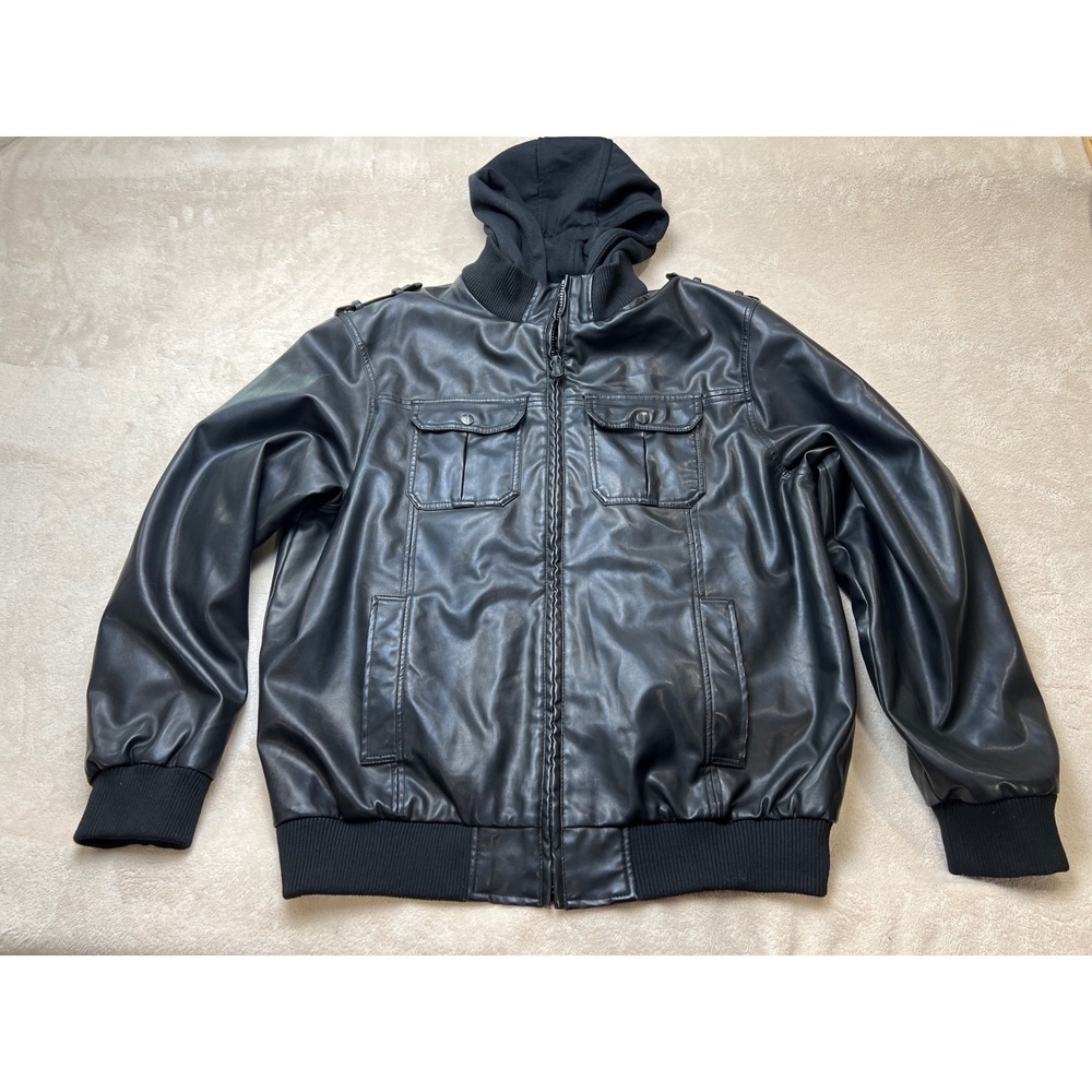 I Jeans by Buffalo Faux Leather Bomber Jacket Mens XL Black Hooded Casual